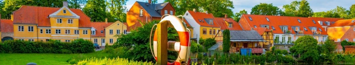 Eine pittoreske Häuserreihe umgeben von Natur in Nyborg mit einem Rettungsring an einem Pfahl im Vordergrund bei Tag.