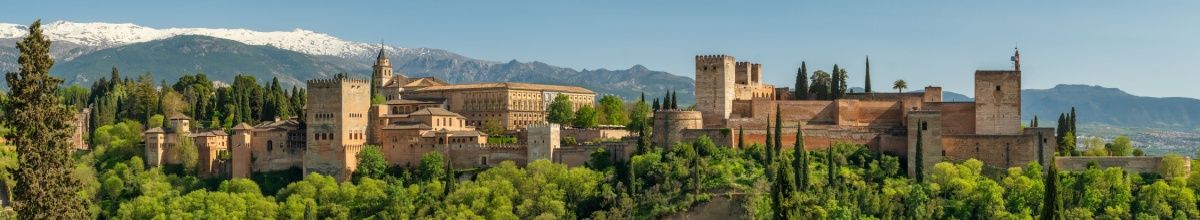 Panoramablick auf den von Bäumen umgebenen Alhambra-Palast in Granada.