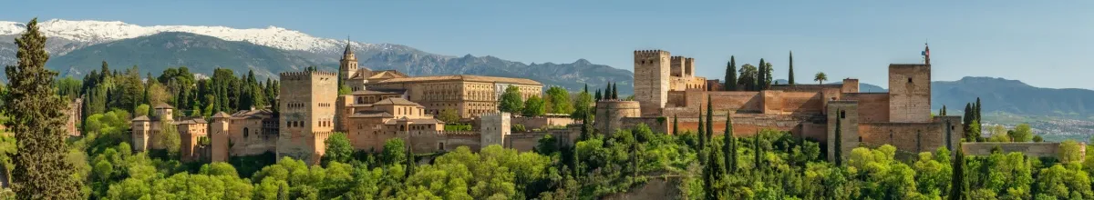 Panoramablick auf den von Bäumen umgebenen Alhambra-Palast in Granada.
