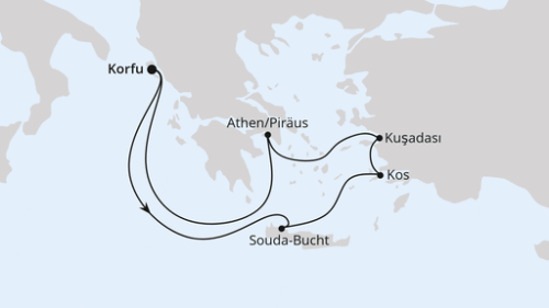 Korfu - Souda-Bucht - Kos - Kusadasi - Athen/Piräus - Korfu