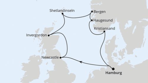 Hamburg - Newcastle Upon Tyne - Invergordon - Lerwick/Shetland Inseln - Bergen - Haugesund - Kristiansand - Hamburg