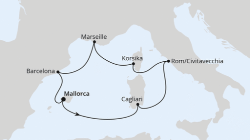 Palma - Cagliari - Rom/Civitavecchia - Ajaccio/Korsika - Marseille - Barcelona - Palma