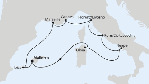 Palma - Olbia/Sardinien - Neapel - Rom/Civitavecchia - Florenz/Livorno - Cannes - Marseille - Ibiza - Palma