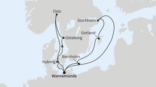 Warnemünde - Nyborg - Göteborg - Oslo - Warnemünde - Stockholm - Visby - Roenne/Bornholm - Warnemünde