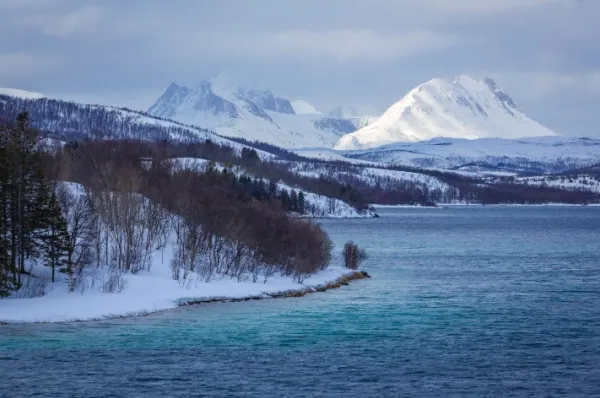 Naturkulisse bei Gibostad Die spektakuläre Naturlandschaft bei Gibostad am Tag mit dem angrenzenden Eismeer und hohen schneebedeckten Bergen im Hintergrund.
