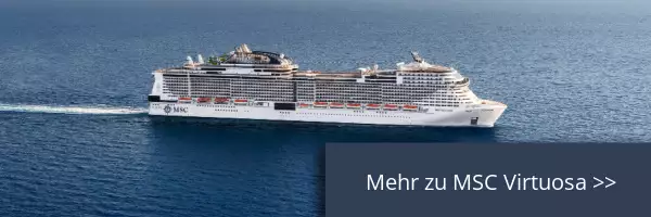 Seitenansicht des Kreuzfahrtschiffs MSC Virtuosa auf hoher See