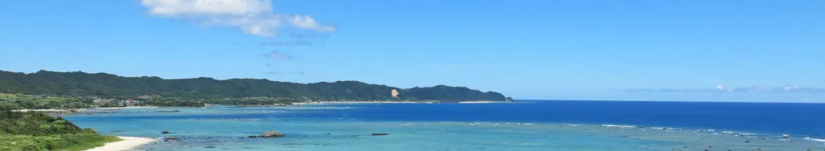 Eine malerische Lagune auf Amami am Tag mit dem Wald der Insel im Hintergrund und einem kleinen  Strandabschnitt.