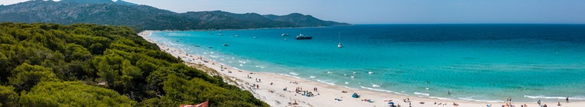 Panoramasicht eines Sandstrandes auf Korsika, umgeben türkisfarbenes Meer.