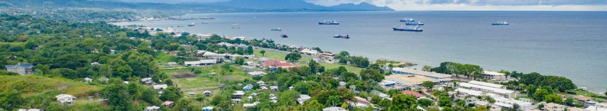 Im Vordergrund die grüne Natur von Honiara, im Hintergrund das blaue Meer mit kleinen Schiffen.