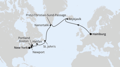 Hamburg - Island/Reykjavik - Prins-Christian-Sund-Passage - Nanortalik - St.Johns - Halifax - Boston - Portland - Newport - New York City - New York City