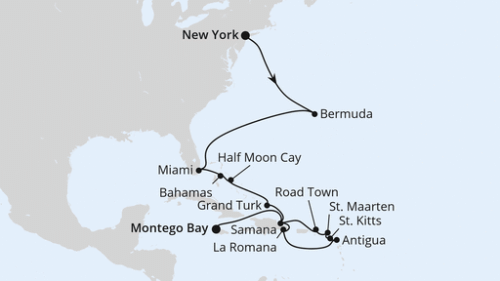 Florida, Bahamas & Karibik ab New York 2 New York City - New York City - New York City - Hamilton - Miami - Miami - Nassau - Half Moon Cay - Grand Turk Island - Samana - La Romana/Dom. Republik - St.Johns - Basseterre - Philipsburg - Roadtown - Samana - Montego Bay/Jamaika