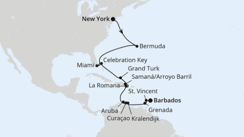 Bermuda, Florida & Karibik ab New York New York City - New York City - New York City - Hamilton - Hamilton - Miami - Miami - Celebration Key - Grand Turk Island - Arroyo Barril (Samana) - La Romana/Dom. Republik - Oranjestad - Willemstad - Kralendijk - St.George's - Kingstown - Bridgetown