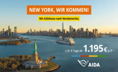 Mit AIDAluna nach Nordamerika Titelbild zur neuen AIDA Kampagne - New York, wir kommen! Mit einem Ausschnitt der Skyline New Yorks, mitsamt Freiheitsstatue, Manhatten im Hintergrund und der AIDAluna vor der Küste.