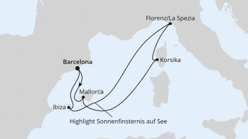 Zur Sonnenfinsternis im Mittelmeer ab Barcelona Barcelona - Palma - Ajaccio/Korsika - Florenz/La Spezia - Highlight Sonnenfinsternis A - Ibiza - Barcelona