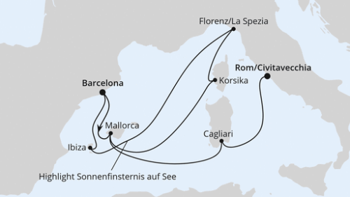 Spanien, Frankreich & Italien mit Sonnenfinsternis Barcelona - Palma - Ajaccio/Korsika - Florenz/La Spezia - Highlight Sonnenfinsternis A - Ibiza - Barcelona - Palma - Cagliari - Rom/Civitavecchia
