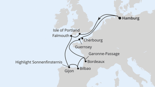 Ärmelkanal & Golf von Biskaya mit Sonnenfinsternis Hamburg - Portland - Uk - Falmouth - Gijon - Highlight Sonnenfinsternis - Bilbao - Bordeaux - Garonne-Passage - St.Peter Port/Guernsey - Cherbourg - Hamburg