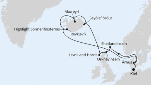 Schottland & Island mit Sonnenfinsternis ab Kiel Kiel - Arhus - Lerwick/Shetland Inseln - Kirkwall - Stornoway - Seydisfjordur - Island/Akureyri - Island/Reykjavik - Island/Reykjavik - Highlight Sonnenfinsternis - Kiel