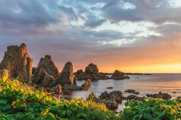 Die Naturkulisse an der Küste Sados, ausgezeichnet durch schroffe Felsformationen und pastorale, grüne Landschaften während des Sonnenuntergangs.
