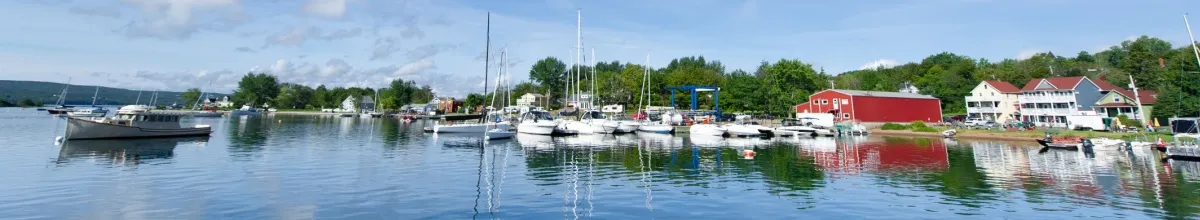 Die malerische Hafenkante von Baddeck am Tag mit vereinzelten Booten und den umliegenden Gebäuden.