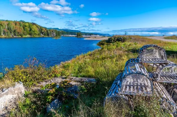 Ein Stapel Fischreusen, der in der Sonne am Ufer der Bras d