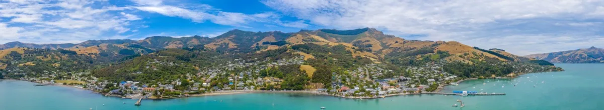 Panoramablick der grünen, hügeligen Küstenlinie von Akaroa.