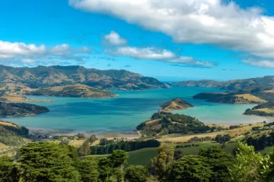 Akaroa Das türkisfarbene Meer bildet einen Kontrast zur grünen Hügellandschaft von Akaroa.