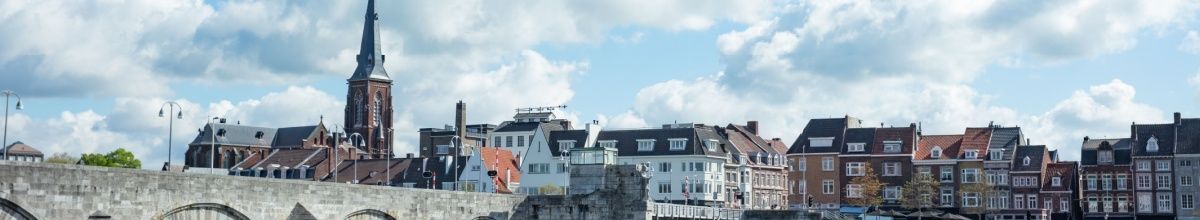 Flusskulisse auf die Stadt Maastricht und die Häuser an der Maas.
