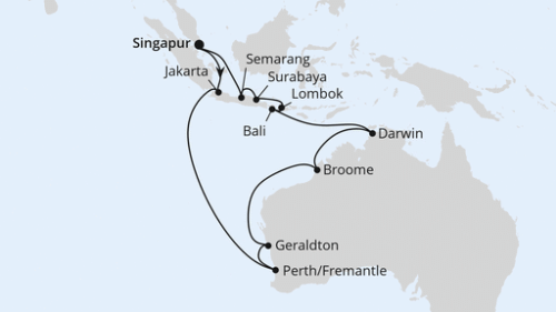 Australien, Indonesien & Singapur Singapur - Singapur - Tanjung Priok (Jakarta) - Fremantle - Fremantle - Geraldton - Broome - Broome - Darwin - Darwin - Darwin - Bali - Lombok - Lombok - Surabaya - Semarang - Java - Singapur - Singapur