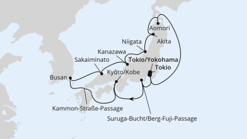 Große Japan-Rundreise zur Frühlingsblüte 1 Tokyo - Tokyo - Suruga Bay - Mt Fuji View - Kobe - Kobe - Kammon-Strasse-Passage - Pusan - Sakaiminato - Kanazawa - Niigata - Akita - Aomori - Tokyo - Yokohama