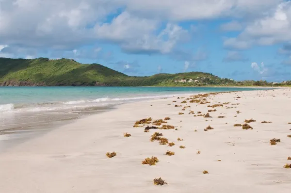 Vieux Fort Strand Der Strand von Vieux Fort in St. Lucia mit hellblauem Himmel und weißen Stränden.