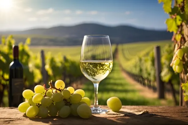 Auf einem Tisch steht ein Glas Weißwein und eine Traube weißer Trauben. Im Hintergrund sind Weinberge.