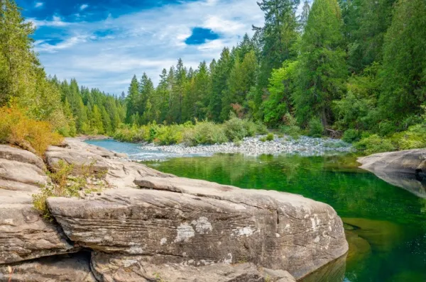 Natur Nanaimo Fluss umgeben von Steinen und grünen Wäldern.