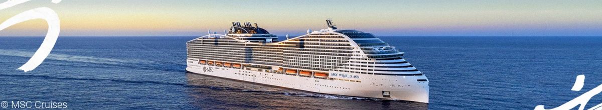 Rendering der MSC World Asia auf See, seitliche Ansicht. Die Architektur des Schiffes kommt zur Geltung.