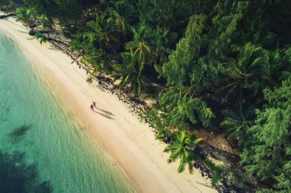 Zwei Personen machen am Strand von Ambodifototra einen Spaziergang zwischen dem Meer und tropischen Pflanzen.