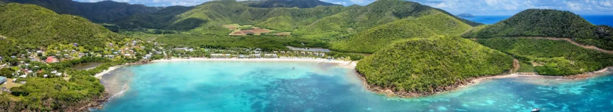 Panoramablick auf die Luftaufnahmen von Carlisle Bay Strand mit üppigem Regenwald und türkisfarbenem und smaragdgrünem Meer,