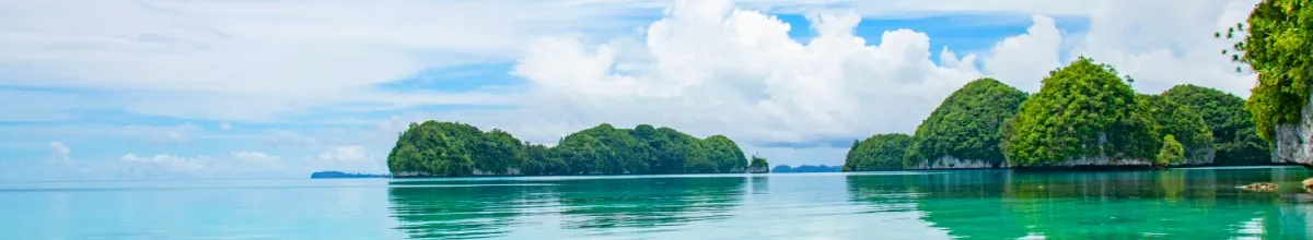 Grün-bewachsene Inseln von Palau mit türkisem Meer und freundlichen Wolken am Himmel.