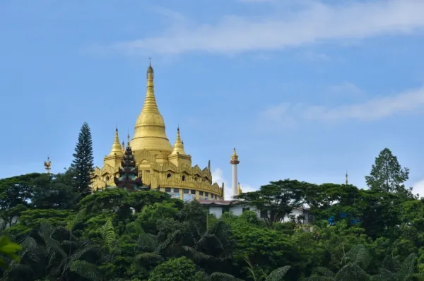 Mongla Moschee Moschee mit goldenem Dach inmitten grüner Natur.