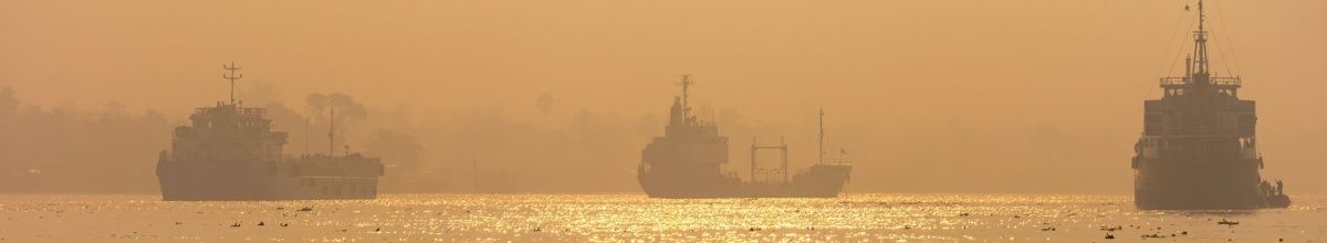 Schiffe auf dem Meer im Sonnenuntergang vor Mongla.