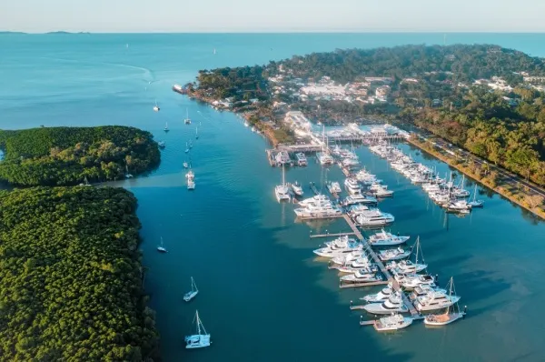 Port Douglas Hafen Der Hafen von Port Douglas liegt in einer kleinen Schneise von Bäumen umgeben. Es ankern viele Yachten.