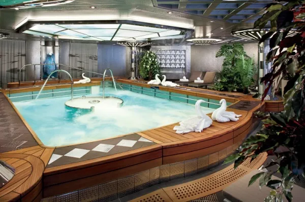 Greenhouse Spa Großer Whirpool, der von Pflanzen und zu Tieren gefalteten Handtüchern umgeben ist.