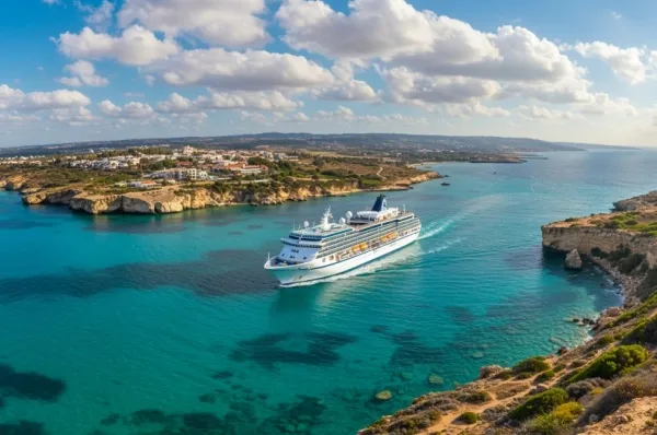 Zypern Kreuzfahrt Ein Kreuzfahrtschiff fährt durch die zerklüftete Landschaft Zyperns.