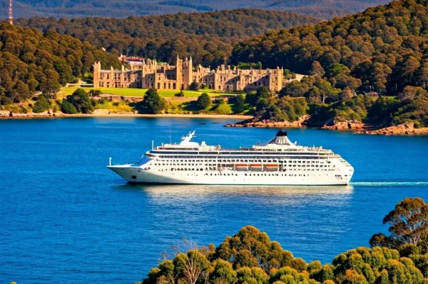 Ein Kreuzfahrtschiff vor der Küste Tasmaniens Ein großes Kreuzfahrtschiff vor der Küste von Port Arthur in Tasmanien, mit den kolonialen Ruinen am Ufer und dichten Wäldern ringsherum.