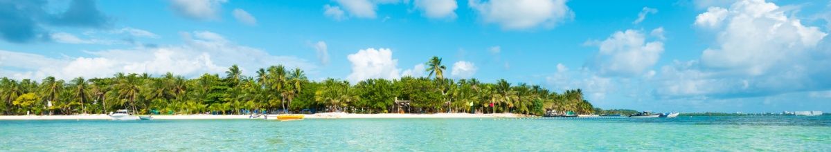 Eine Insel aus dem Meer fotografiert. Sie ist mit Palmen besetzt, der Sand ist hell und das Wasser und der Himmel freundlich.