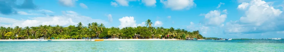 Eine Insel aus dem Meer fotografiert. Sie ist mit Palmen besetzt, der Sand ist hell und das Wasser und der Himmel freundlich.