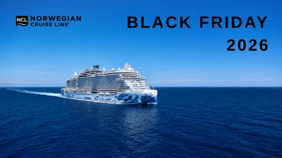 Kreuzfahrten mit Norwegian Cruise Line Norwegian Prima auf hoher See. Der Schriftzug "Black Friday 2026" weist auf die nächste Aktion hin.