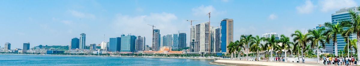 Die Kulisse von Luanda von einem Palmen gesäumten Strand aus fotografiert, mit vielen Hochhäusern in der Ferne und einem unverkennbaren urbanen Charme.