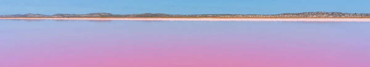 Panoramablick auf den pinken See (Hutt Lagoon) bei Tag.