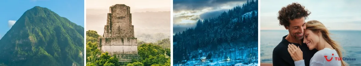 Collage aus vier Bildern: bewachsener Berg, Tempel im Regenwald, verschneiter Nadelwald, glückliches Pärchen mit TUI Cruises Logo