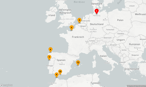 Hamburg - Zeebrügge - Le Havre (Paris) - Ferrol - Leixoes / Porto - Tanger - Malaga - Palma de Mallorca