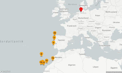 Bremerhaven - Leixoes / Porto - Lissabon - Funchal - Madeira - San Sebastián de La Gomera - Santa Cruz de Tenerife - Arrecife / Lanzarote - Gran Canaria - Agadir - La Coruña